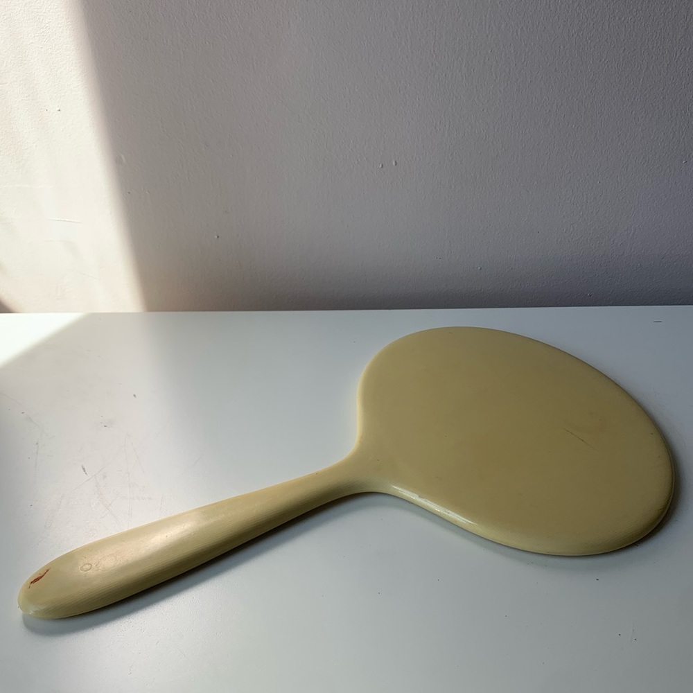 Vintage Celluloid Ivory Pyralin Dubarry Beveled Glass Hand Held Mirror USA